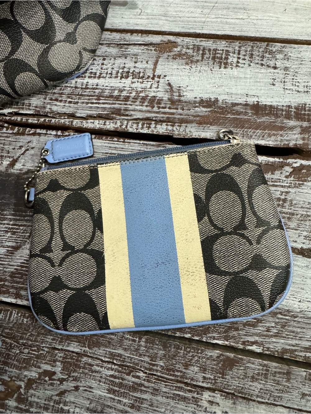 Coach Signature Tote with Blue and Cream Stripe with Wallet & Change Pouch - Picture 3 of 16